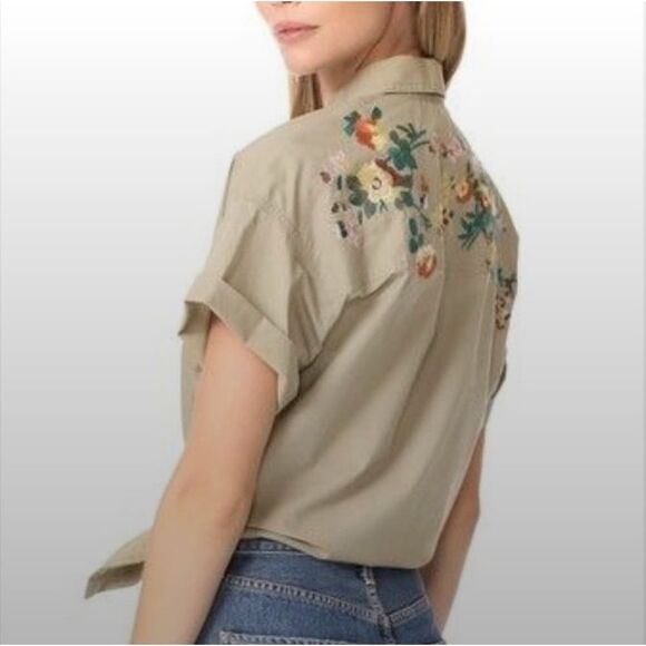MADEWELL Embroidered Tie Front Safari Shirt Womens Small Floral Tan Camp Western - Picture 10 of 12